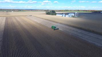 drone shot of soybean plot harvest